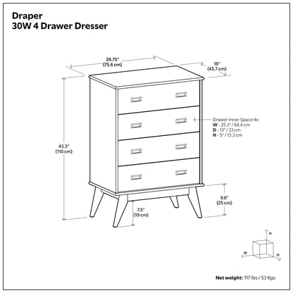 Teak Brown | Draper 30 inch 4 Drawer Dresser