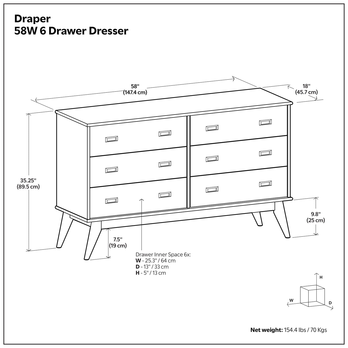 Teak Brown | Draper 58 inch 6 Drawer Dresser