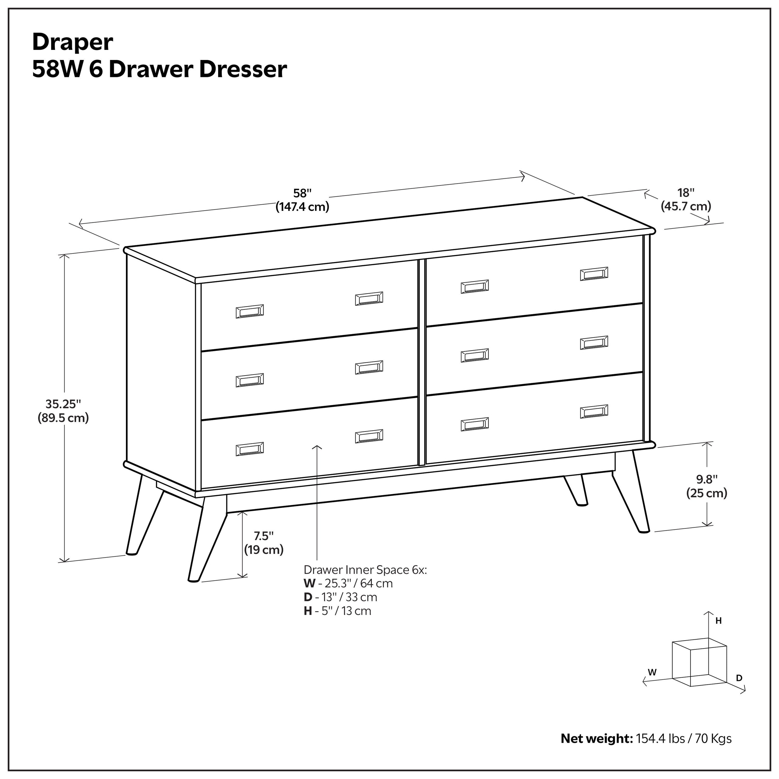 Teak Brown | Draper 58 inch 6 Drawer Dresser