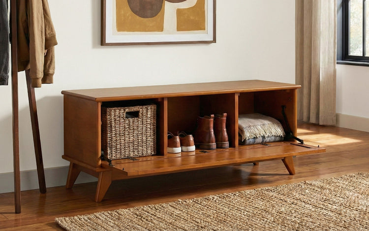 Teak Brown | Draper Mid-Century Flip-Down Storage Bench
