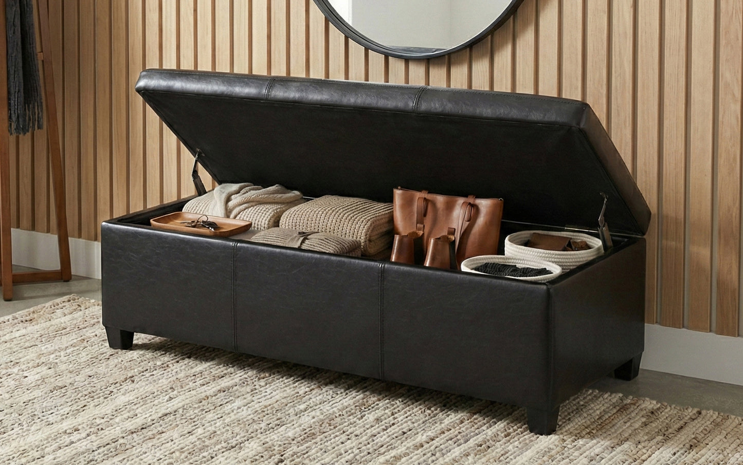 Midnight Black Vegan Leather | Avalon Storage Ottoman in Vegan Leather