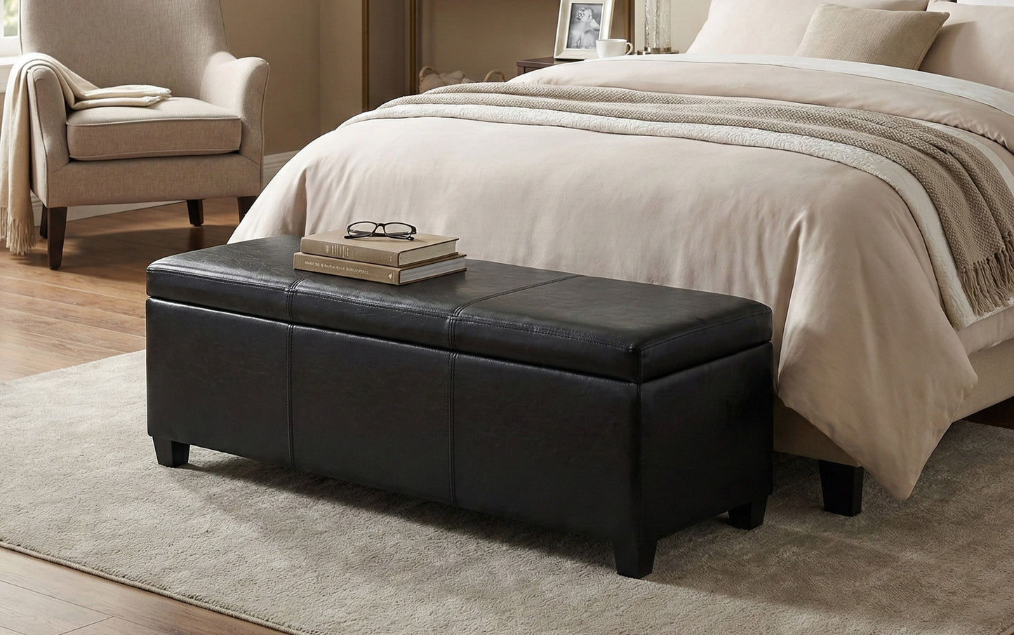Midnight Black Vegan Leather | Avalon Storage Ottoman in Vegan Leather