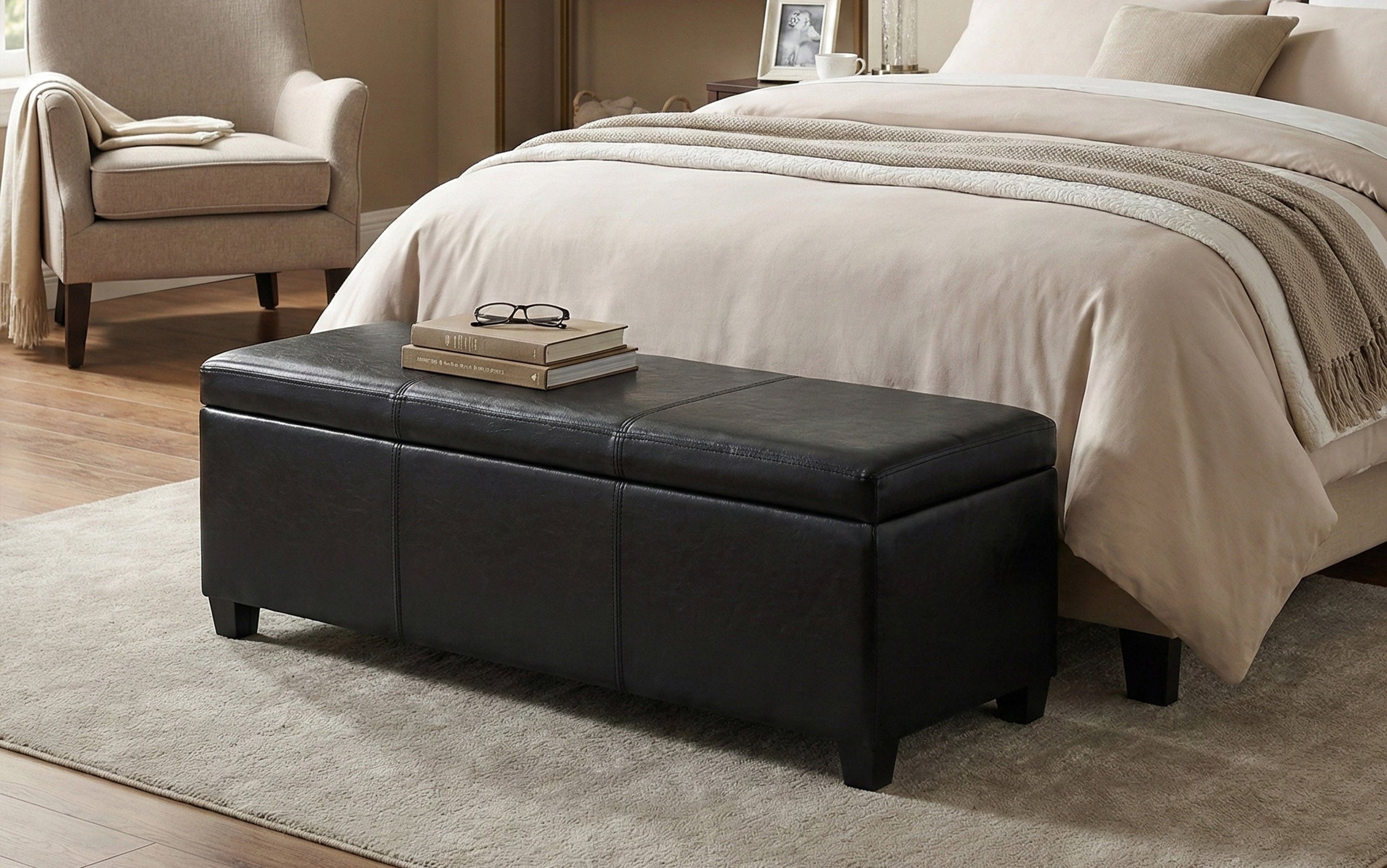 Midnight Black Vegan Leather | Avalon Storage Ottoman in Vegan Leather