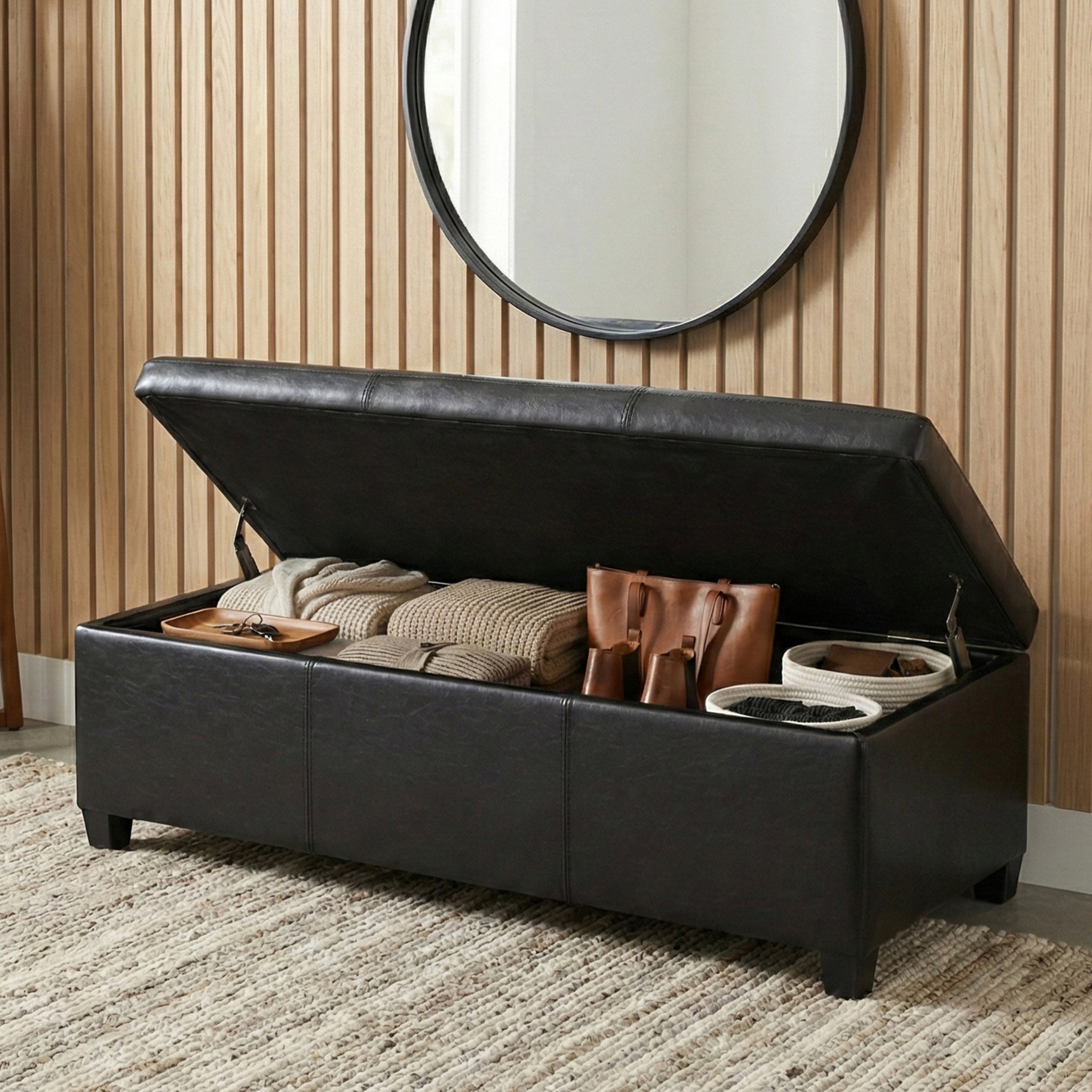 Midnight Black Vegan Leather | Avalon Storage Ottoman in Vegan Leather