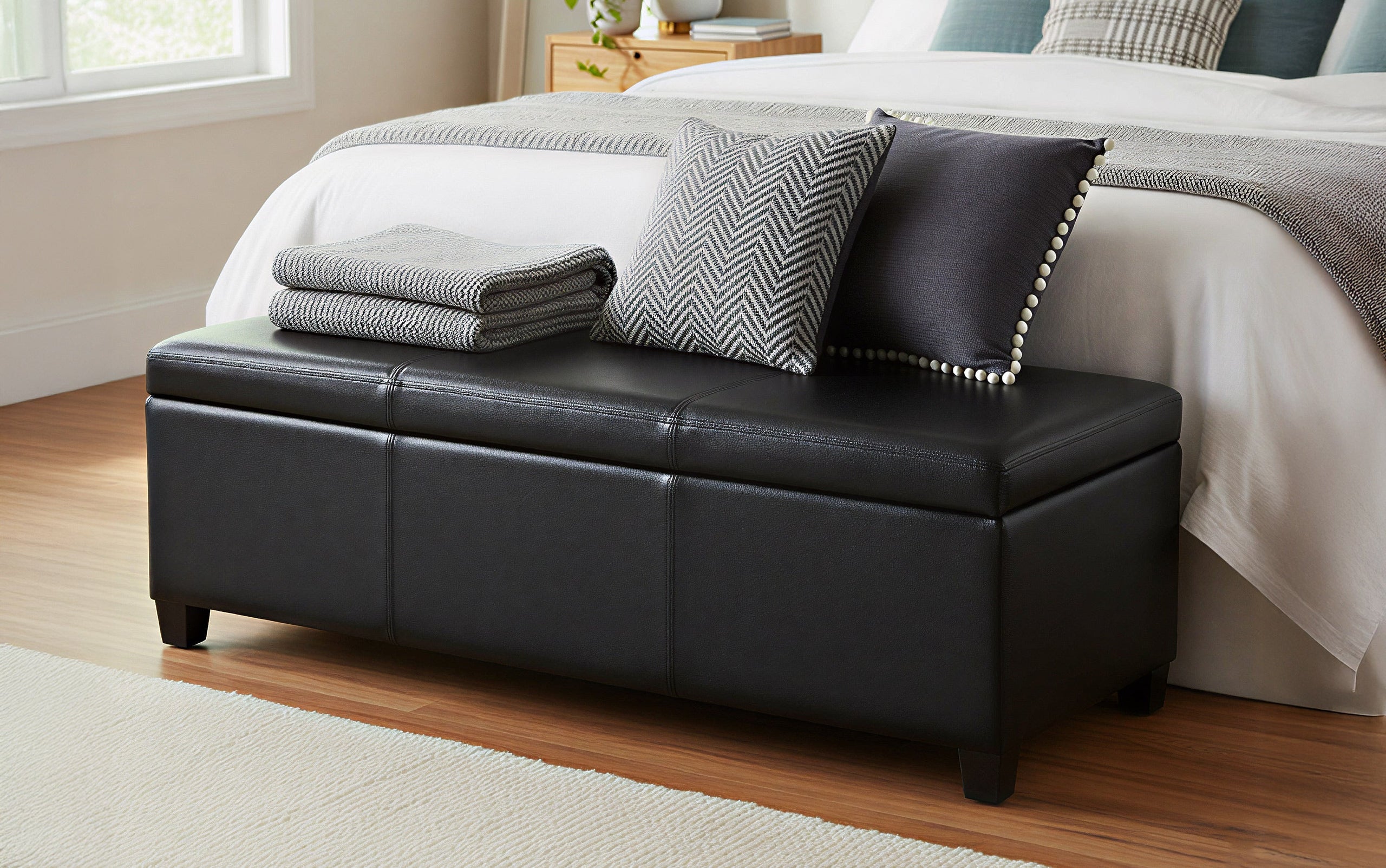 Carbon Black Vegan Leather | Avalon Storage Ottoman Bench in Carbon Black