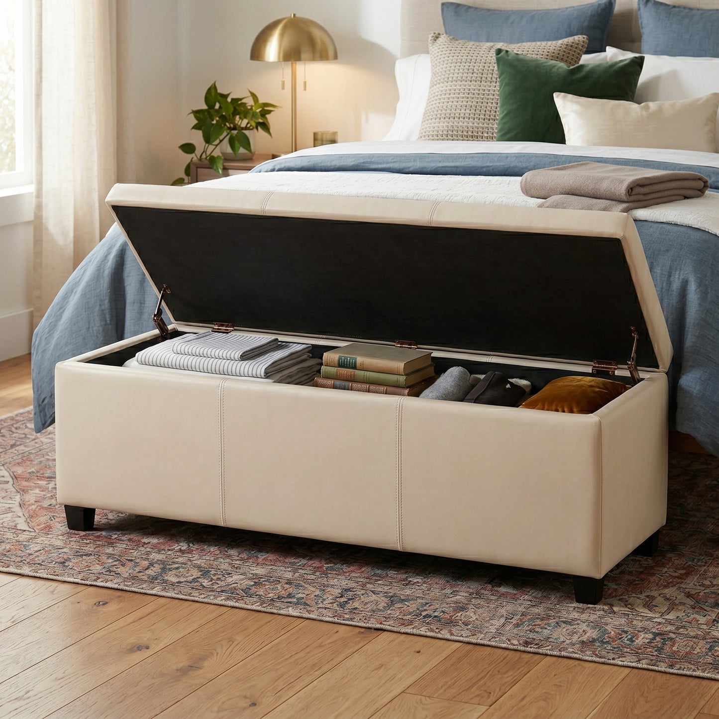 Satin Cream Vegan Leather | Avalon Storage Ottoman in Vegan Leather
