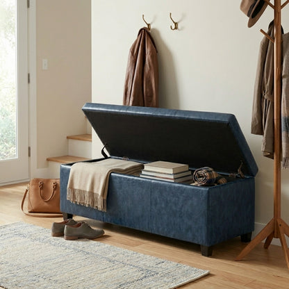 Denim Blue  Distressed Vegan Leather | Avalon Storage Ottoman in Distressed Vegan Leather