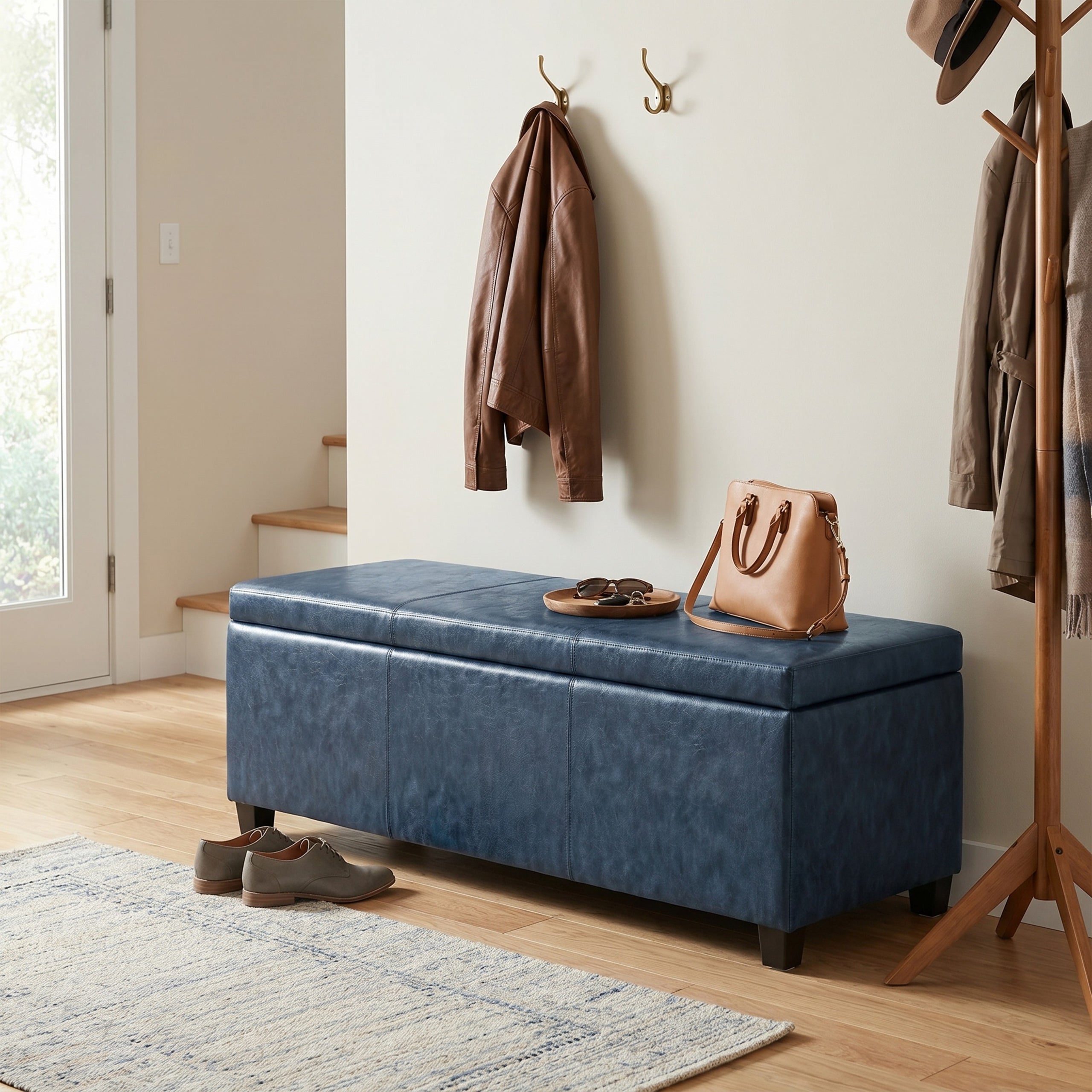 Denim Blue  Distressed Vegan Leather | Avalon Storage Ottoman in Distressed Vegan Leather