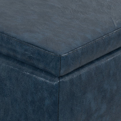 Denim Blue  Distressed Vegan Leather | Avalon Storage Ottoman in Distressed Vegan Leather