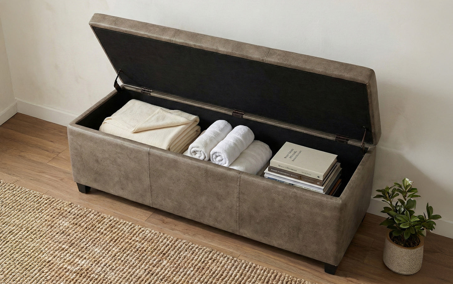 Distressed Smoky Grey Brown Distressed Vegan Leather | Avalon Large Storage Ottoman Bench