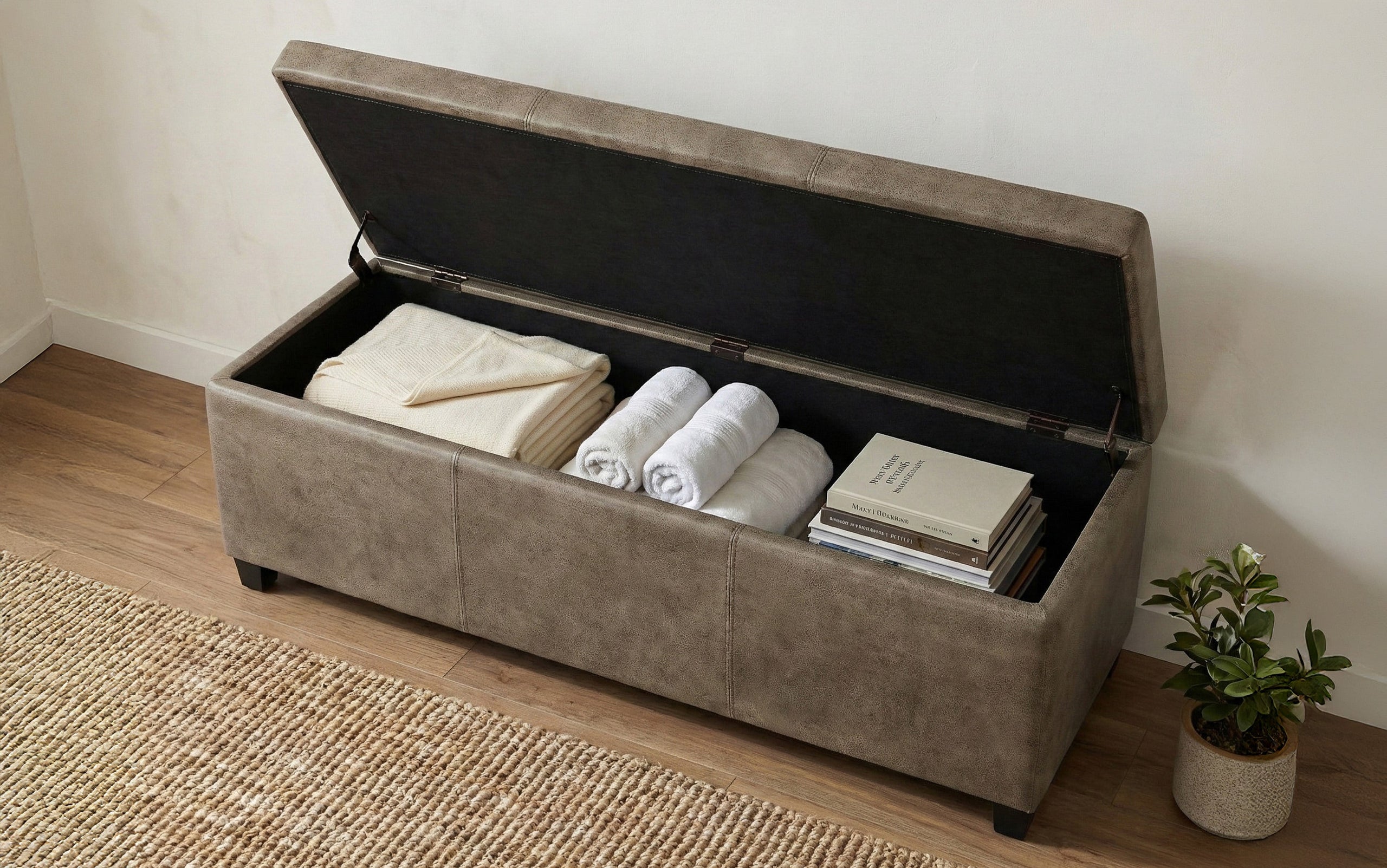 Distressed Smoky Grey Brown Distressed Vegan Leather | Avalon Large Storage Ottoman Bench