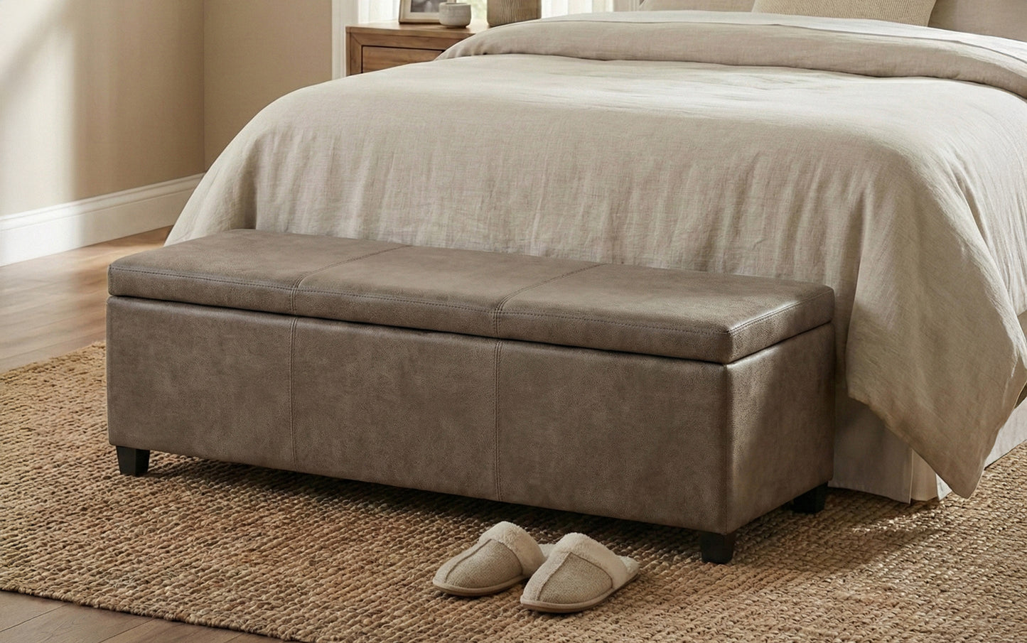 Distressed Smoky Grey Brown Distressed Vegan Leather | Avalon Large Storage Ottoman Bench