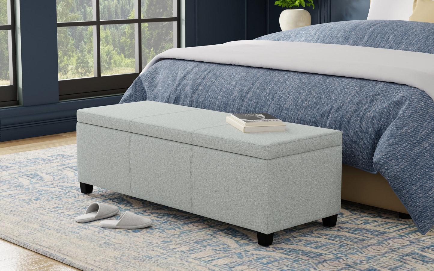 Light Stone Grey Distressed Vegan Leather | Avalon Large Storage Ottoman Bench