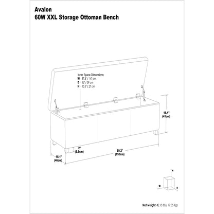 Midnight Black | Avalon 60 inch Storage Ottoman Bench