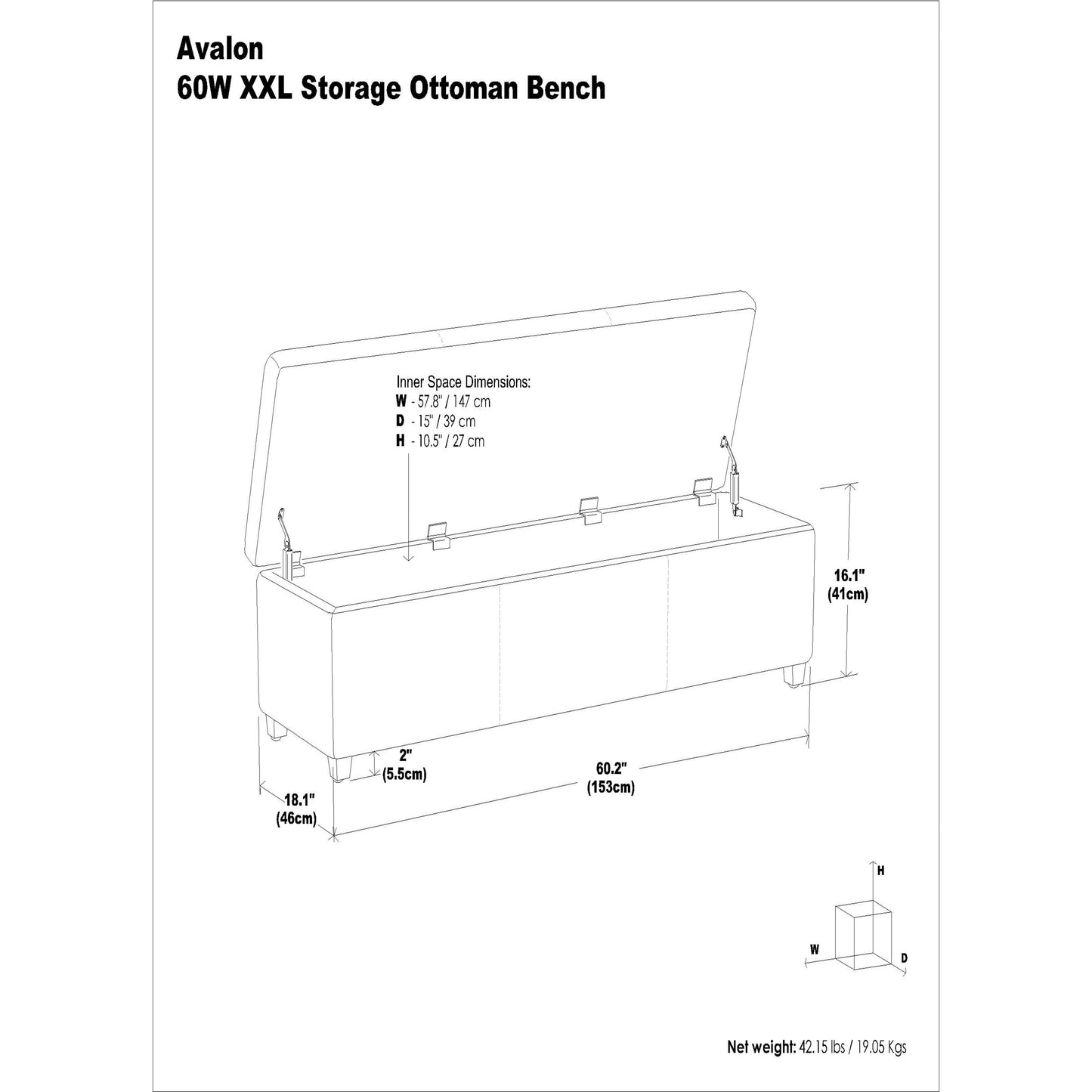 Tanners Brown | Avalon 60 inch Storage Ottoman Bench