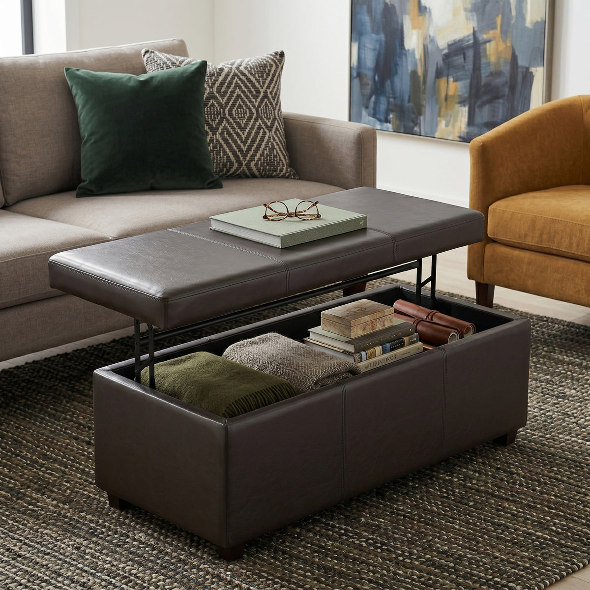 Tanner Brown Vegan Leather | Avalon Lift Top Storage Ottoman in Vegan Leather 