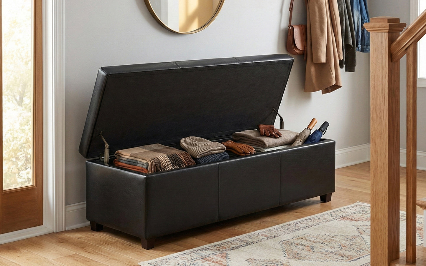 Midnight Black Vegan Leather | Avalon Extra Large Storage Ottoman Bench