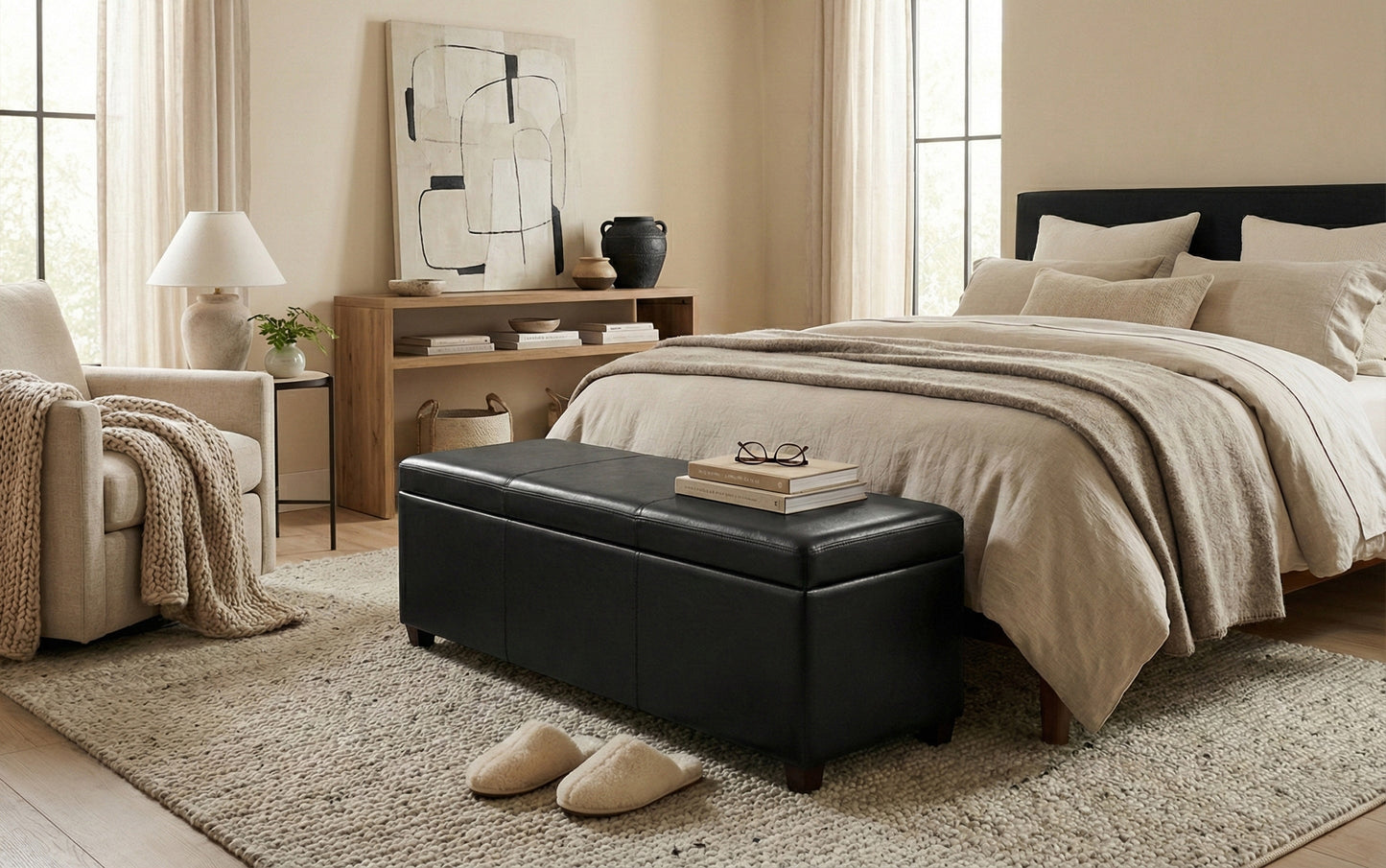 Midnight Black Vegan Leather | Avalon Extra Large Storage Ottoman Bench