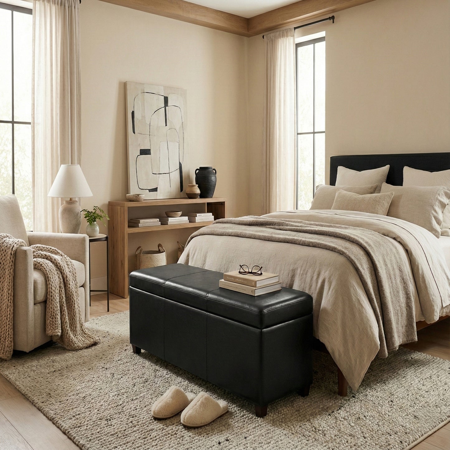 Midnight Black Vegan Leather | Avalon Extra Large Storage Ottoman in Vegan Leather