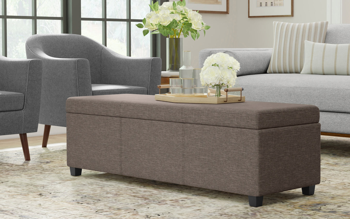 Fawn Brown Linen Style Fabric | Avalon Extra Large Storage Ottoman Bench
