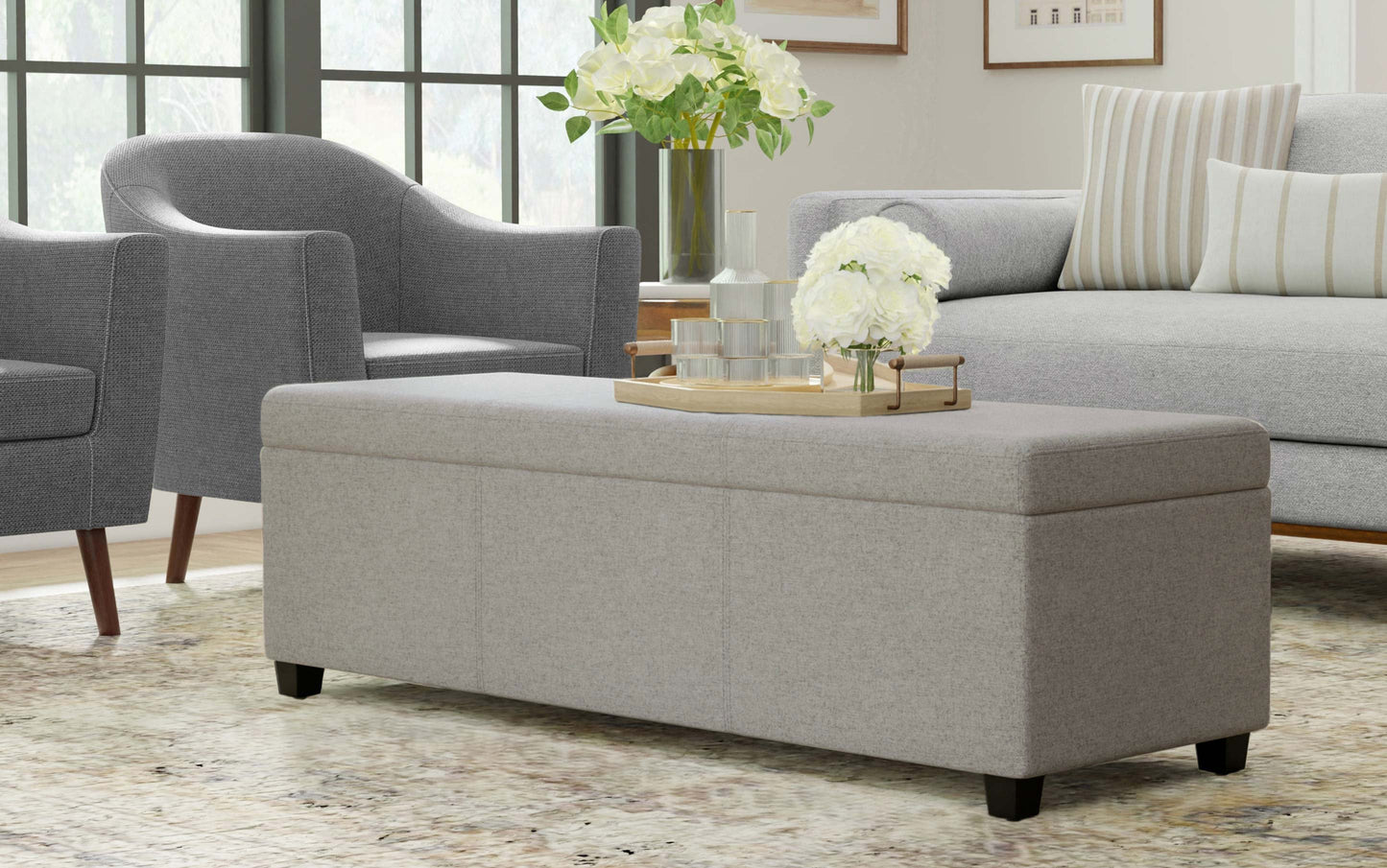 Cloud Grey Linen Style Fabric | Avalon Extra Large Storage Ottoman Bench