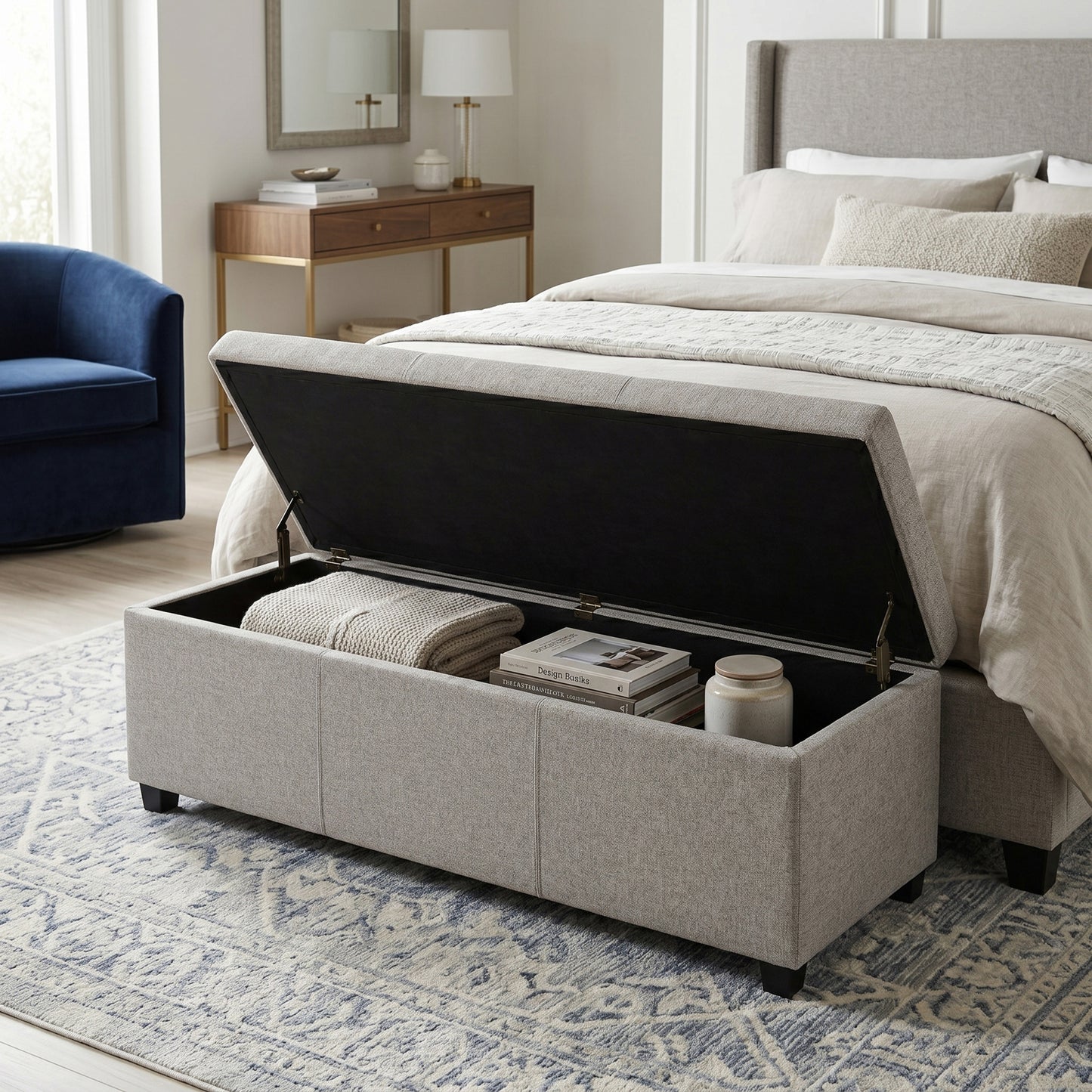 Cloud Grey Linen Style Fabric | Avalon Extra Large Storage Ottoman in Linen