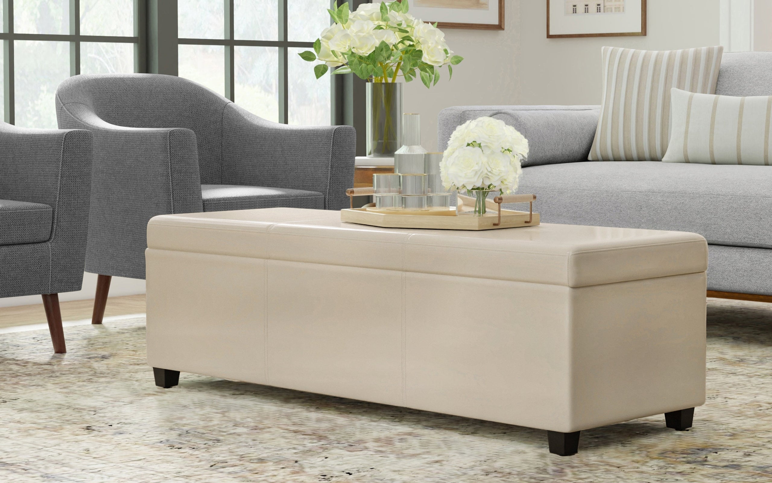 Satin Cream Vegan Leather | Avalon Extra Large Storage Ottoman Bench