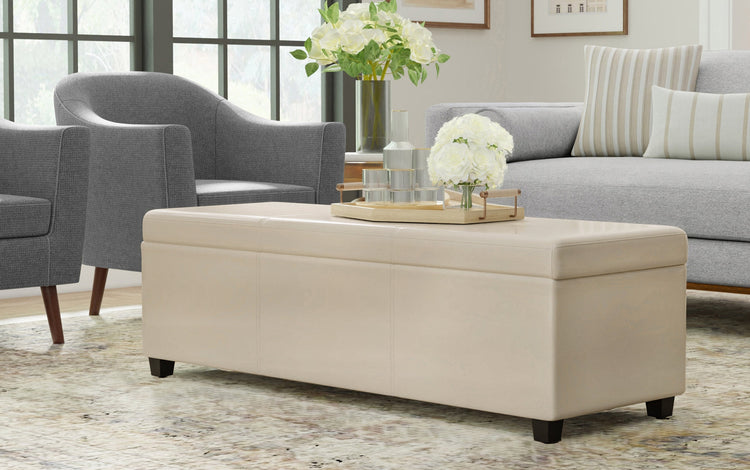 Satin Cream Vegan Leather | Avalon Extra Large Storage Ottoman Bench