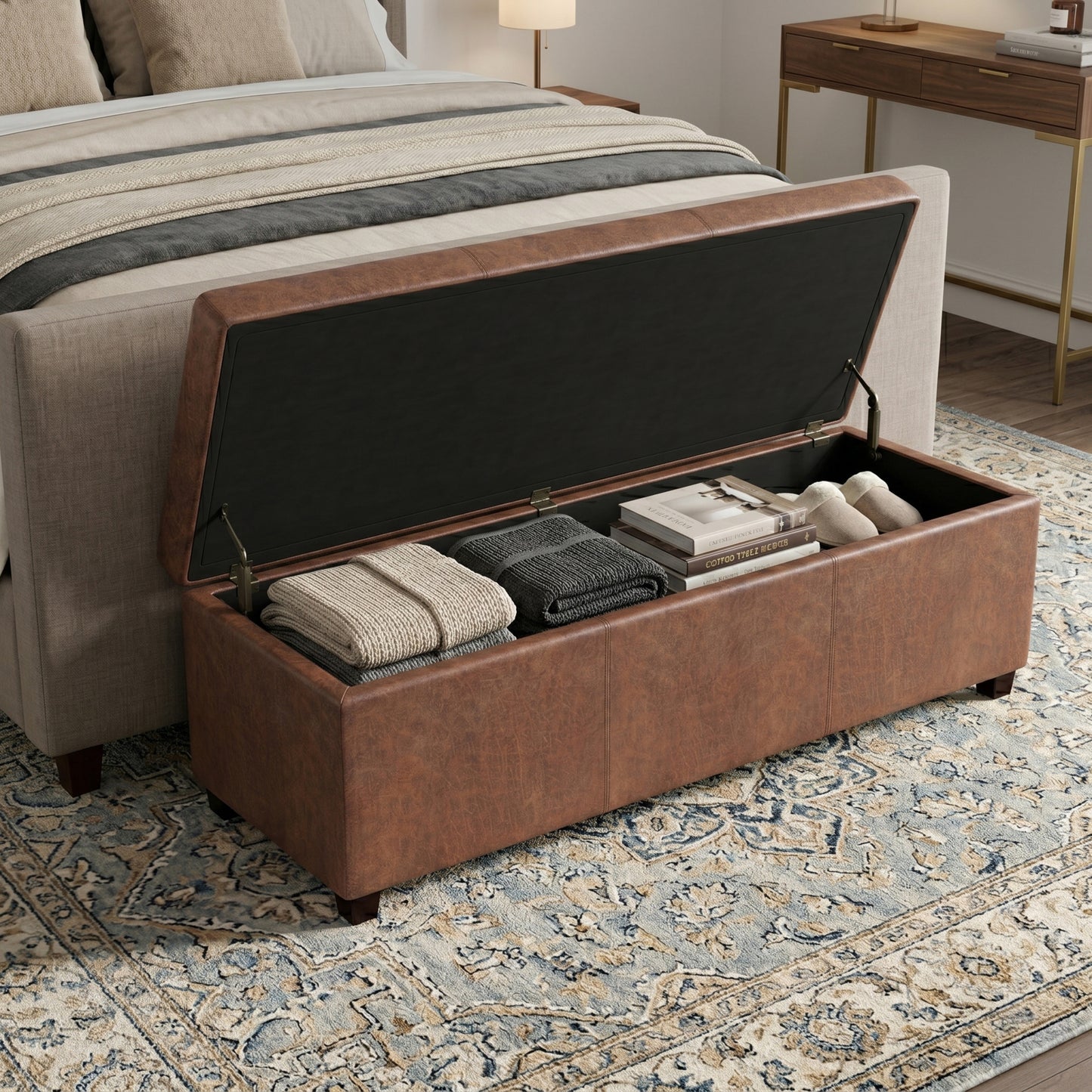 Distressed Saddle Brown Distressed Vegan Leather | Avalon Extra Large Storage Ottoman in Distressed Vegan Leather
