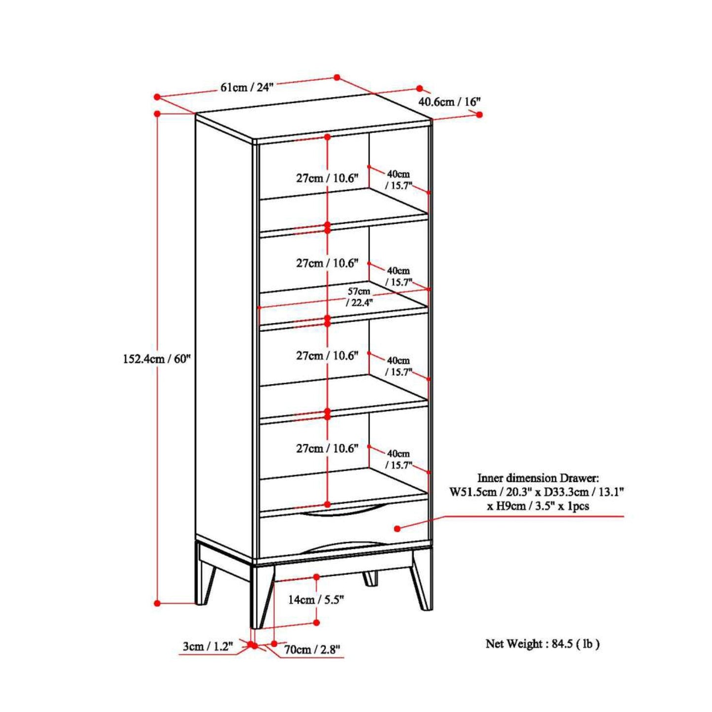 Black | Harper 60 x 24 inch Bookcase with Storage