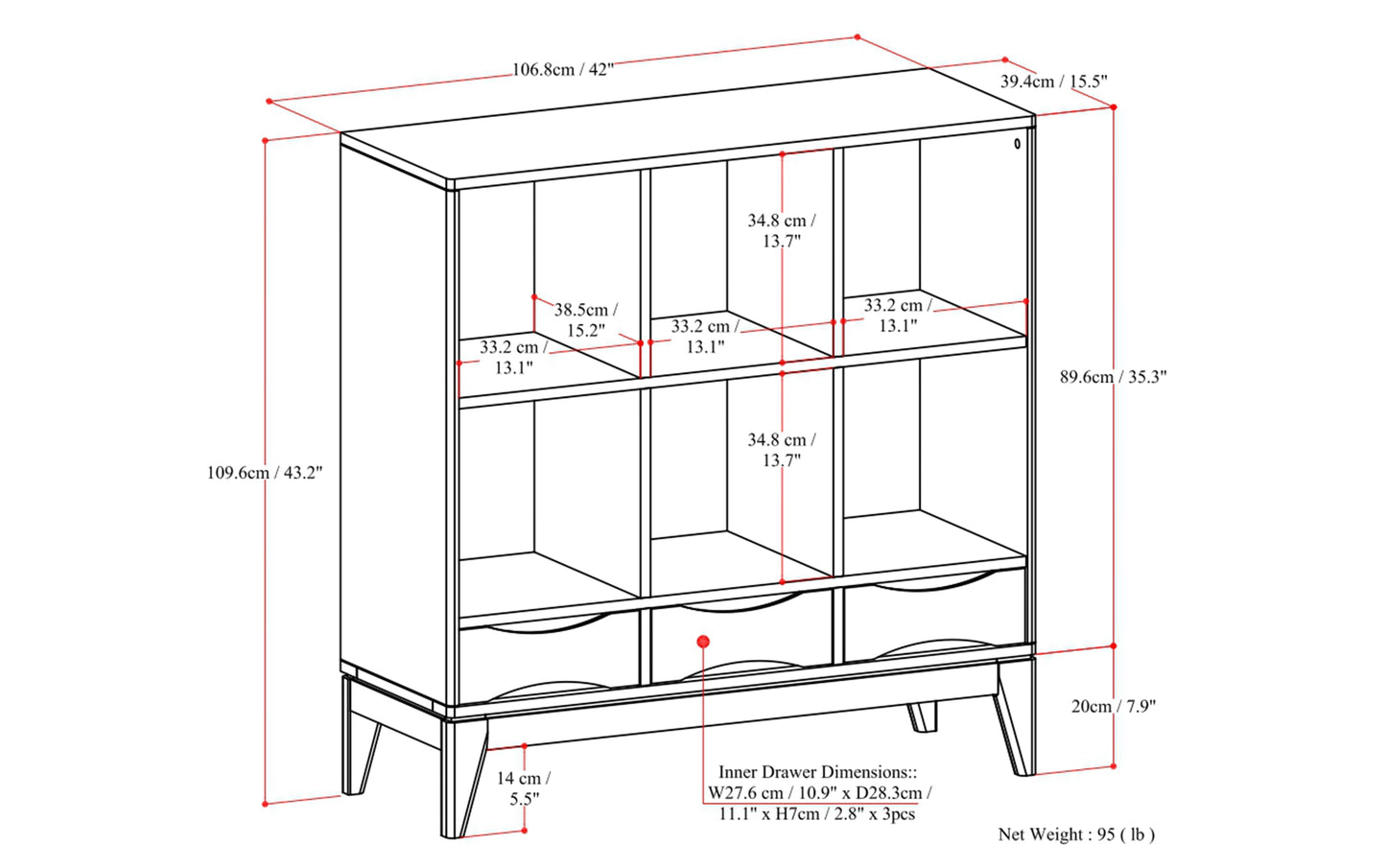 Walnut Brown | Harper Low 6 Cube Storage with Drawers