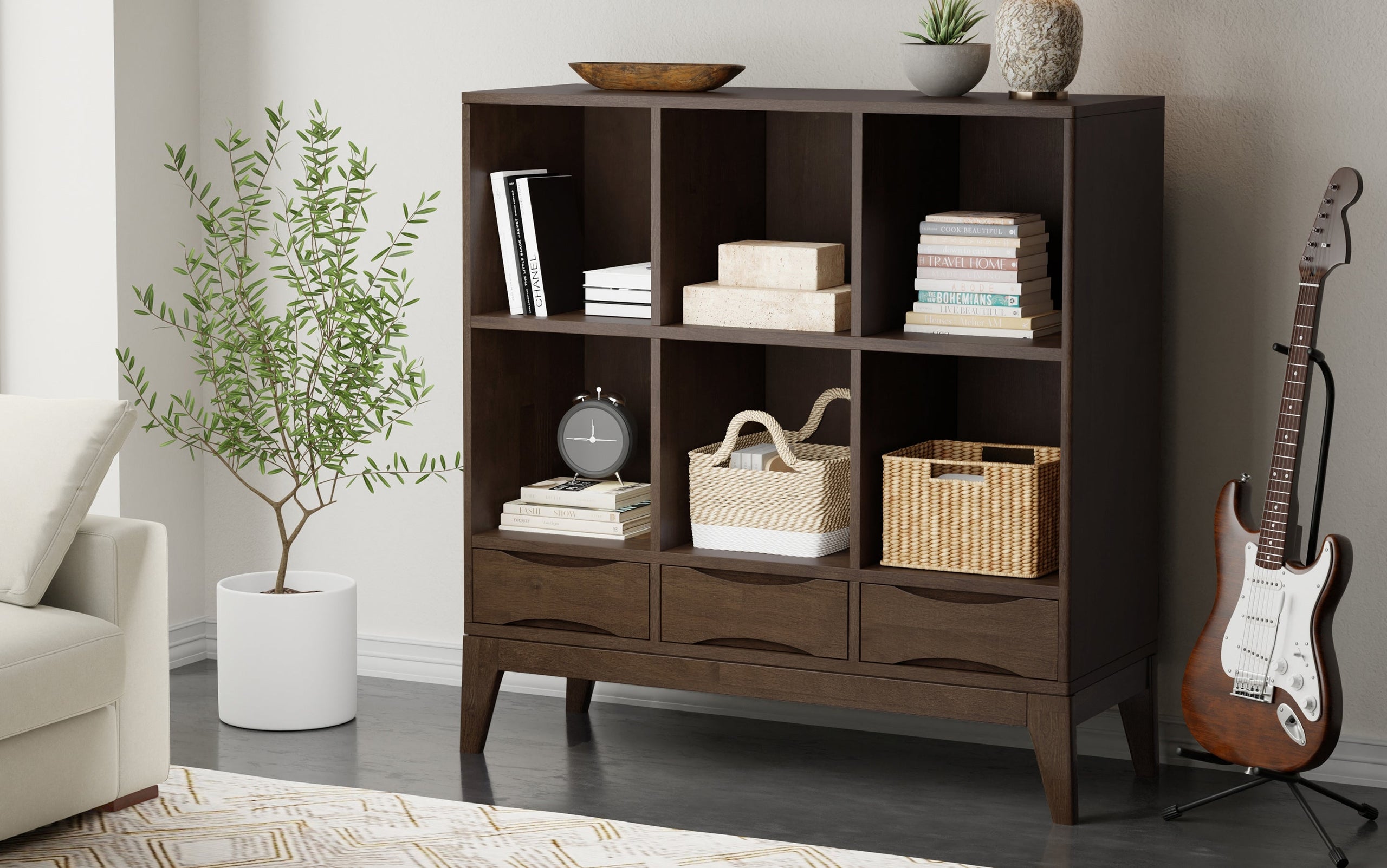 Walnut Brown | Harper Low 6 Cube Storage with Drawers