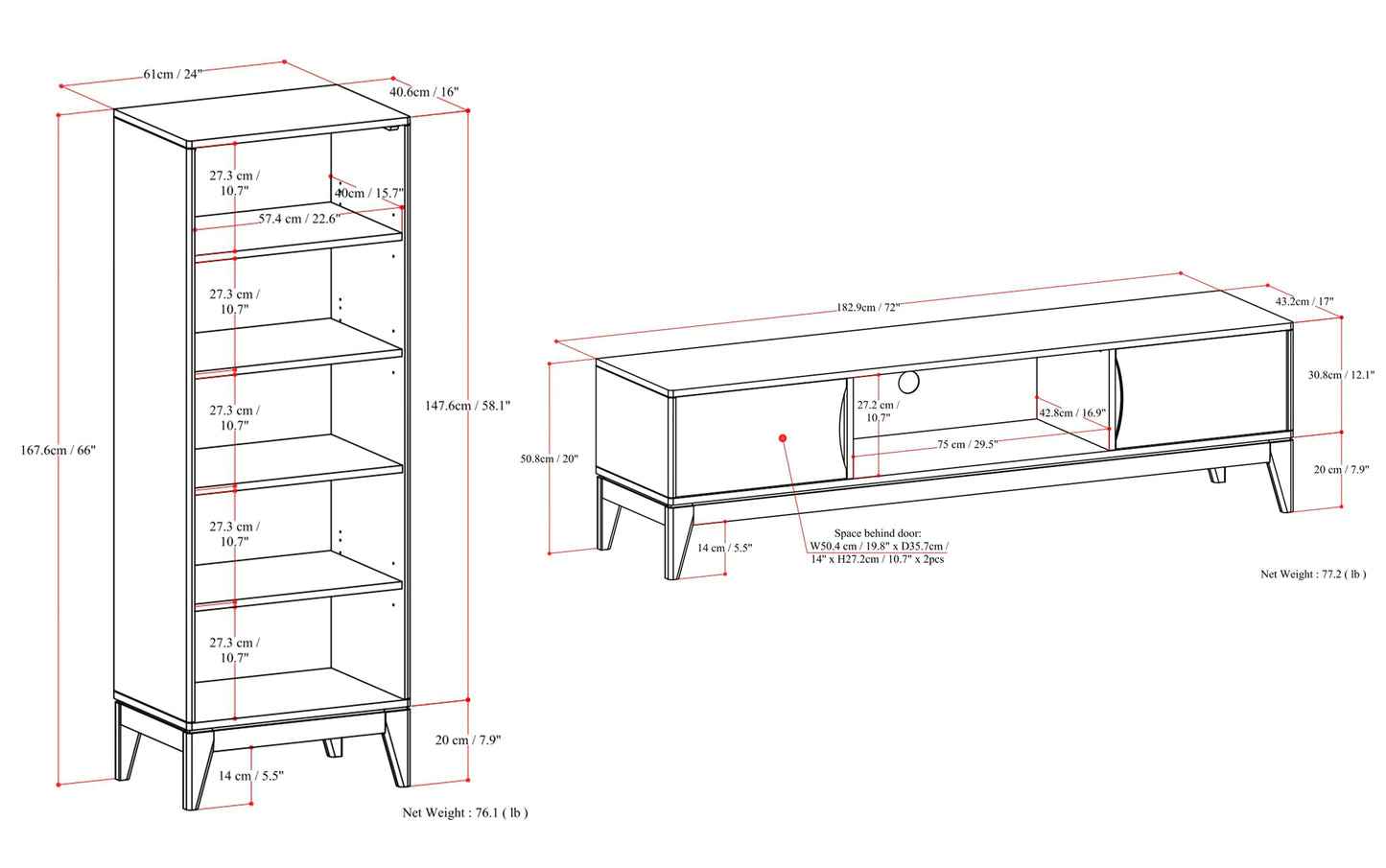 Walnut Brown | Harper 72W Low TV Stand with Set of Two 24W 5 Shelf Bookcases