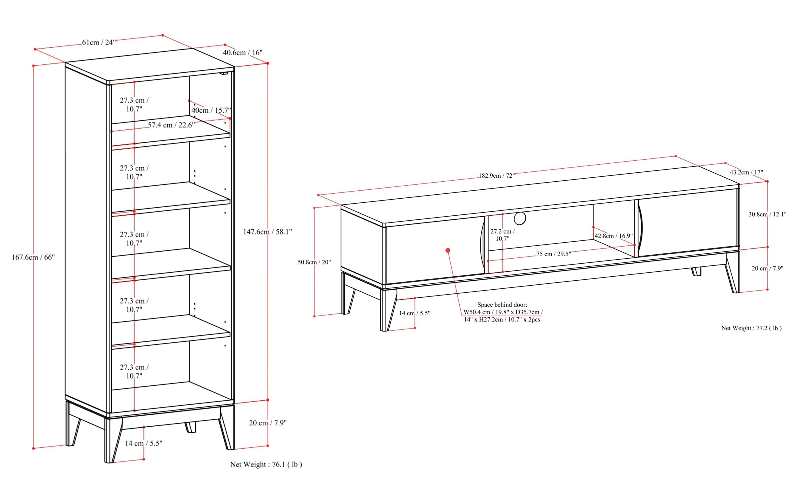 Walnut Brown | Harper 72W Low TV Stand with Set of Two 24W 5 Shelf Bookcases