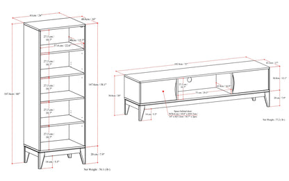 Walnut Brown | Harper 72W Low TV Stand with Set of Two 24W 5 Shelf Bookcases