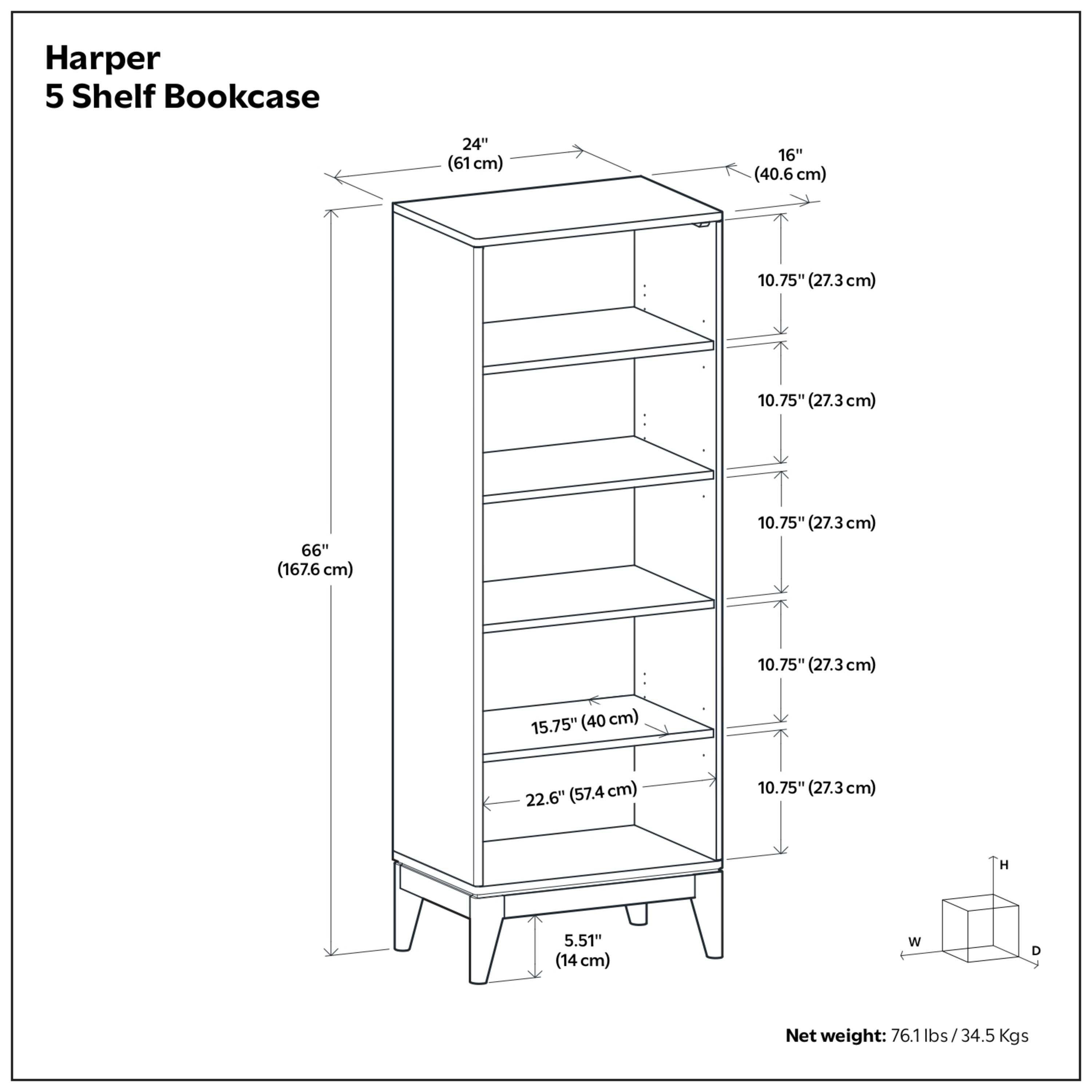 Walnut Brown Solid Hardwood Bookcase | Harper 5 Shelf Storage