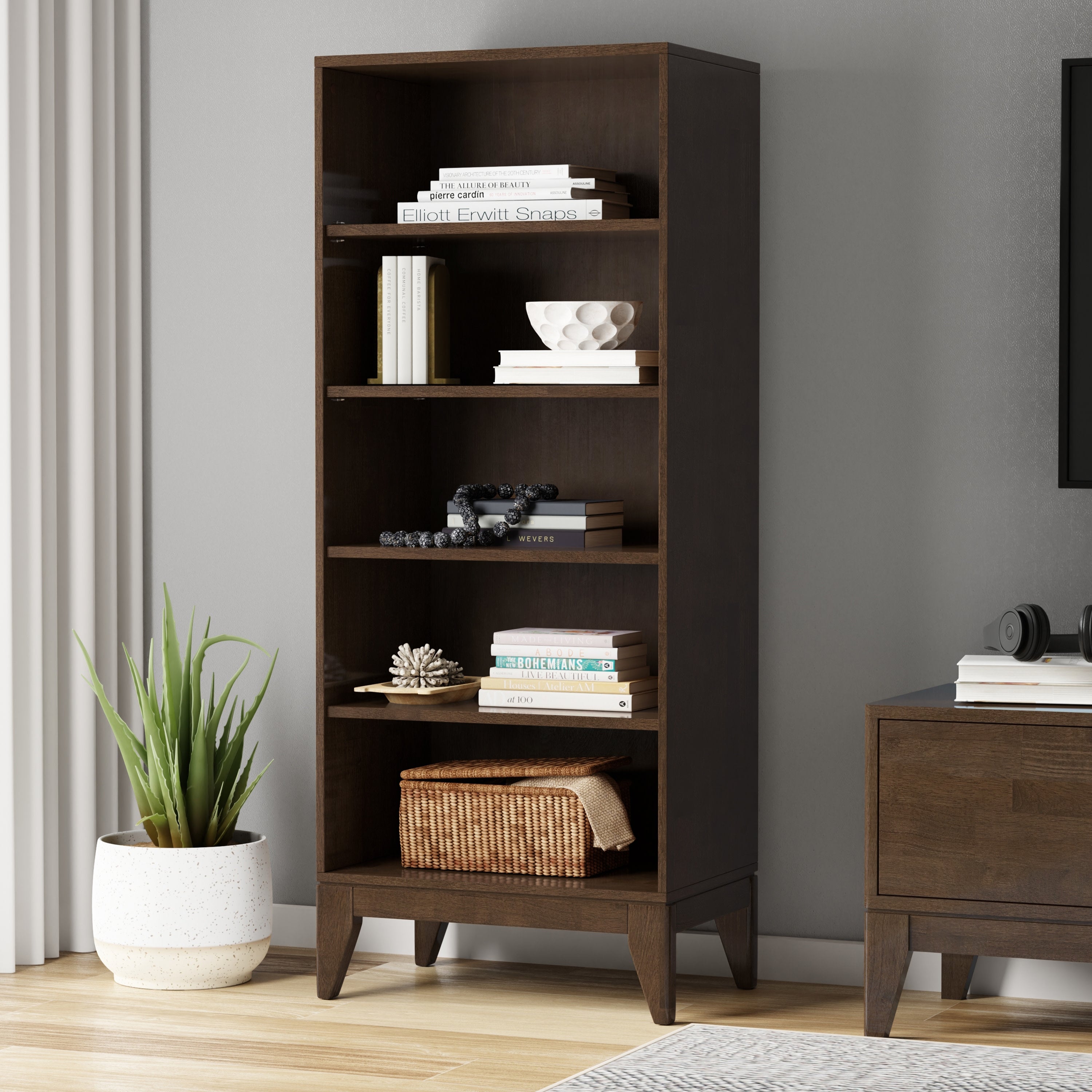 Walnut Brown Solid Hardwood Bookcase | Harper 5 Shelf Storage