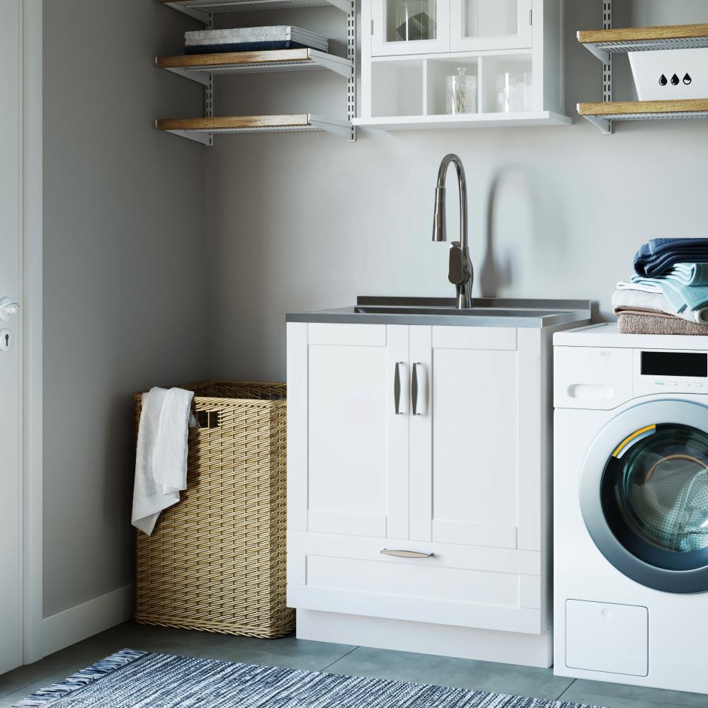 Pure White | Reed 28 inch Laundry Cabinet with Pull-out Faucet and Stainless Steel Sink