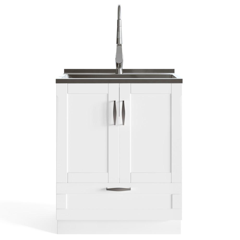 Pure White | Reed 28 inch Laundry Cabinet with Pull-out Faucet and Stainless Steel Sink