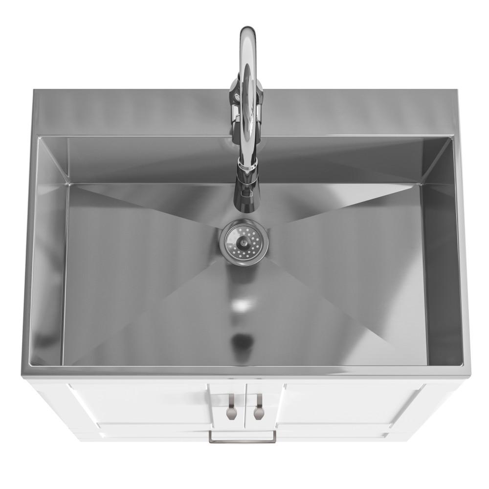 Pure White | Reed 28 inch Laundry Cabinet with Pull-out Faucet and Stainless Steel Sink