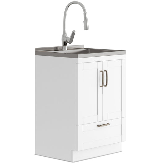 Simpli Home Reed Deluxe 28 inch Laundry Cabinet with Pull-Out Faucet and Stainless Steel Sink, Pure White