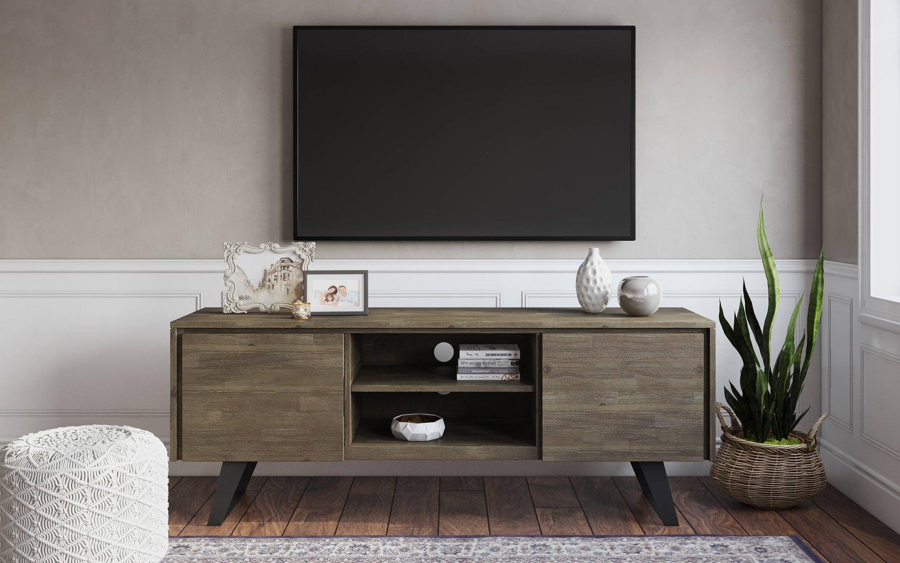 Distressed Grey | Lowry Solid Acacia Wood Wide TV Media Stand For TVs up to 70 Inches