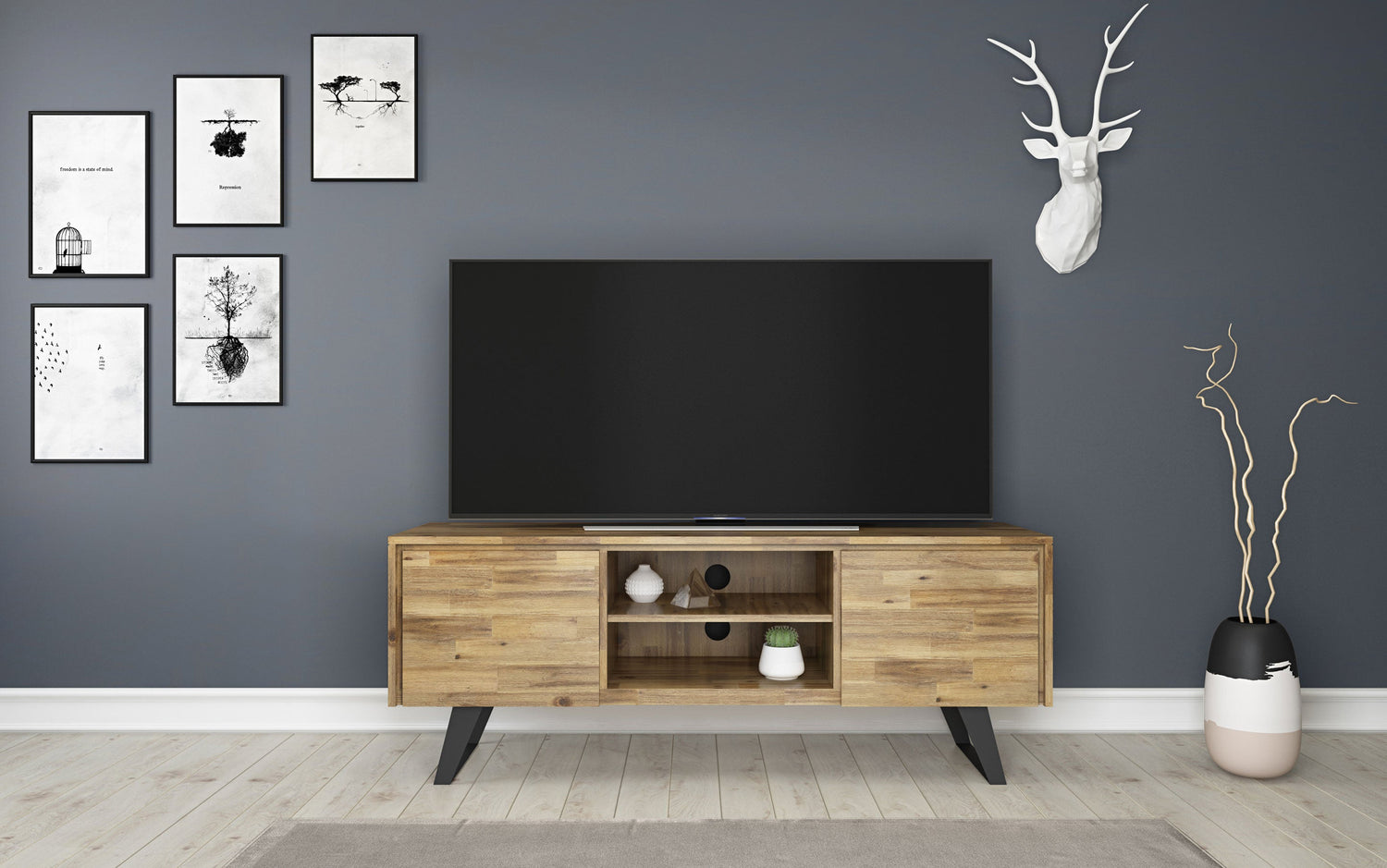 Distressed Golden Wheat Acacia | Lowry Solid Acacia Wood Wide TV Media Stand For TVs up to 70 Inches