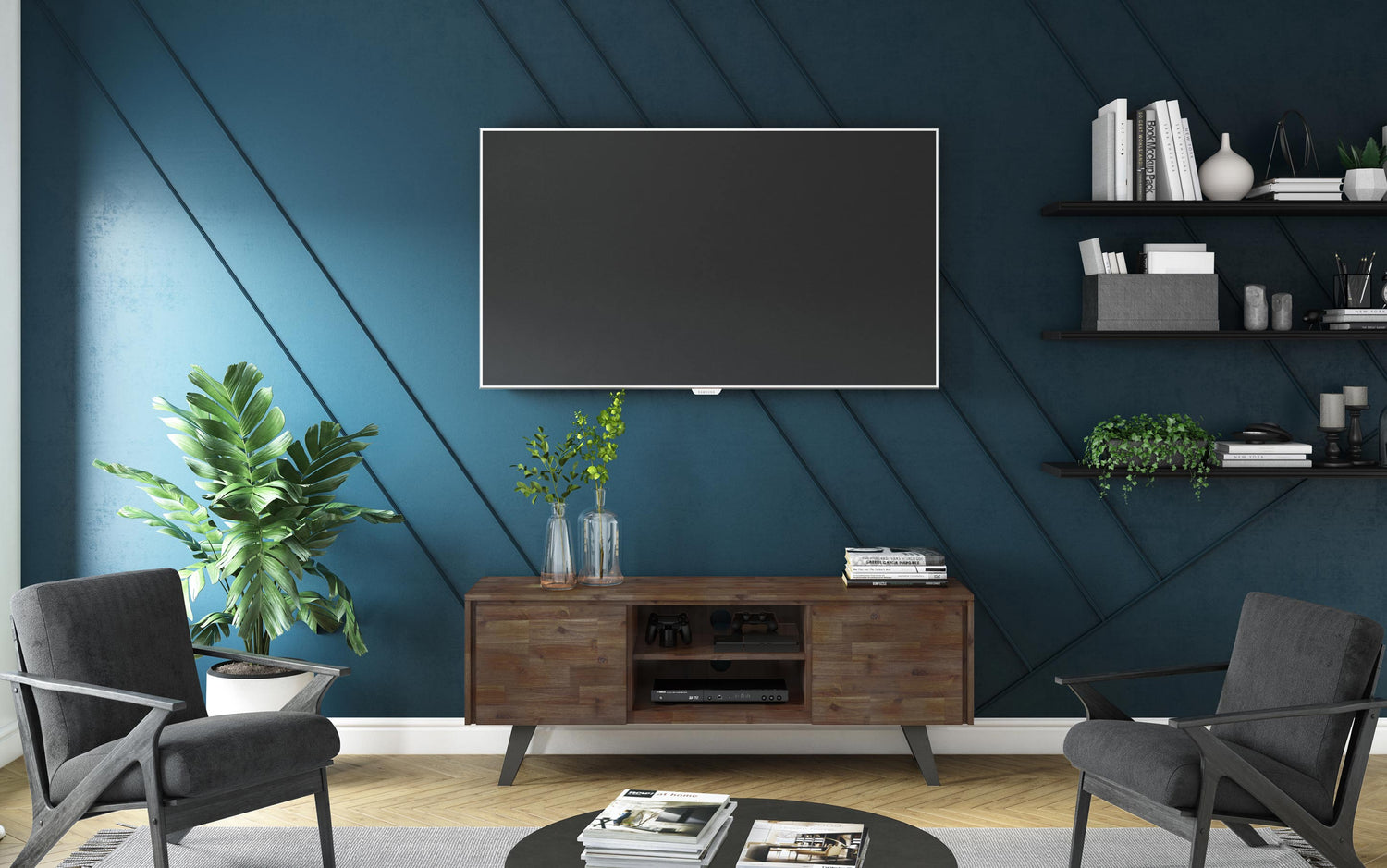 Rustic Natural Aged Brown | Lowry Solid Acacia Wood Wide TV Media Stand For TVs up to 70 Inches