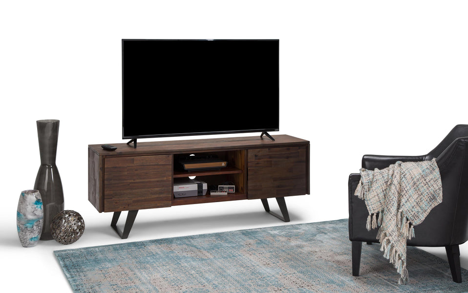 Distressed Charcoal Brown Acacia | Lowry Solid Acacia Wood Wide TV Media Stand For TVs up to 70 Inches