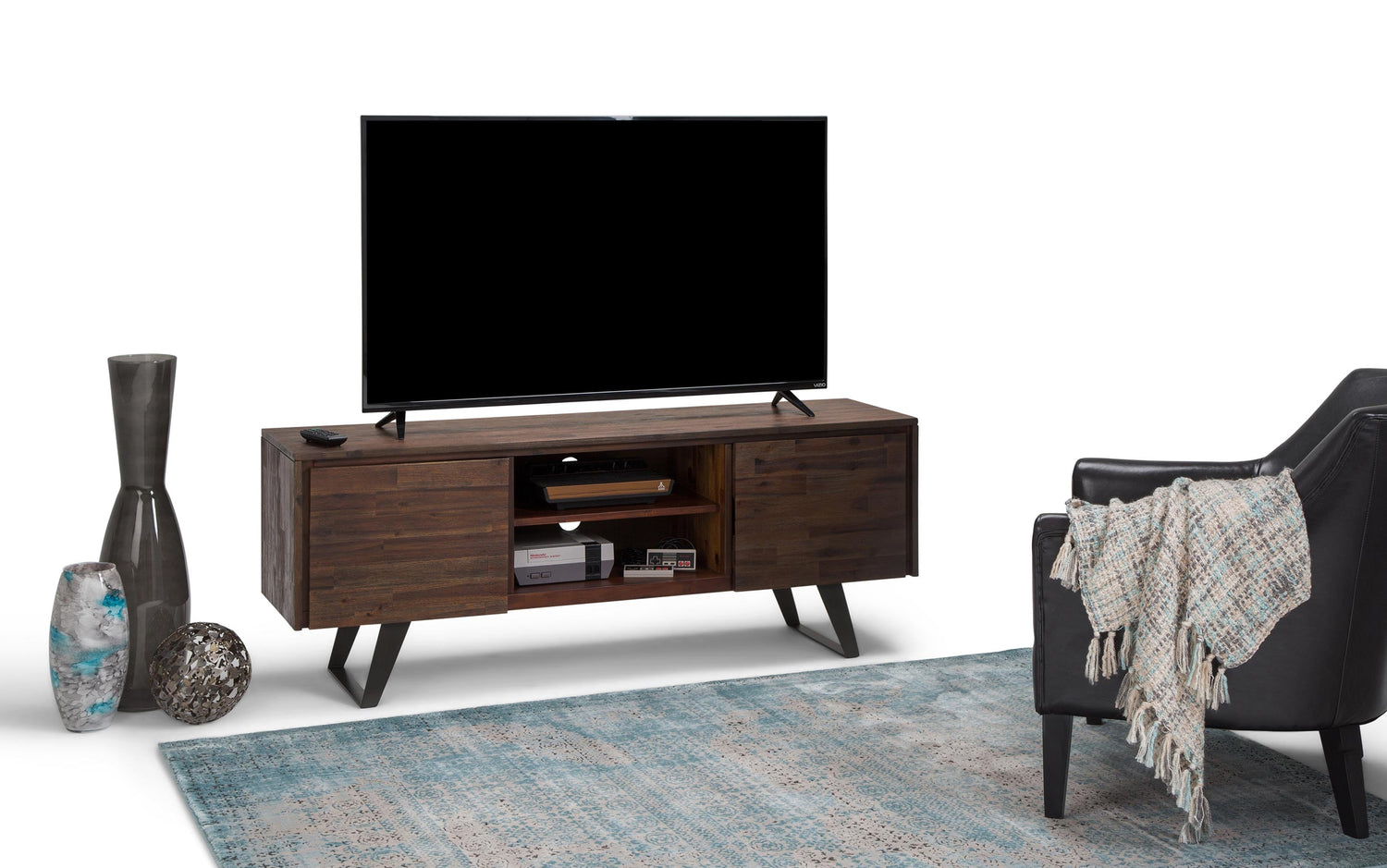 Distressed Charcoal Brown | Lowry Solid Acacia Wood Wide TV Media Stand For TVs up to 70 Inches