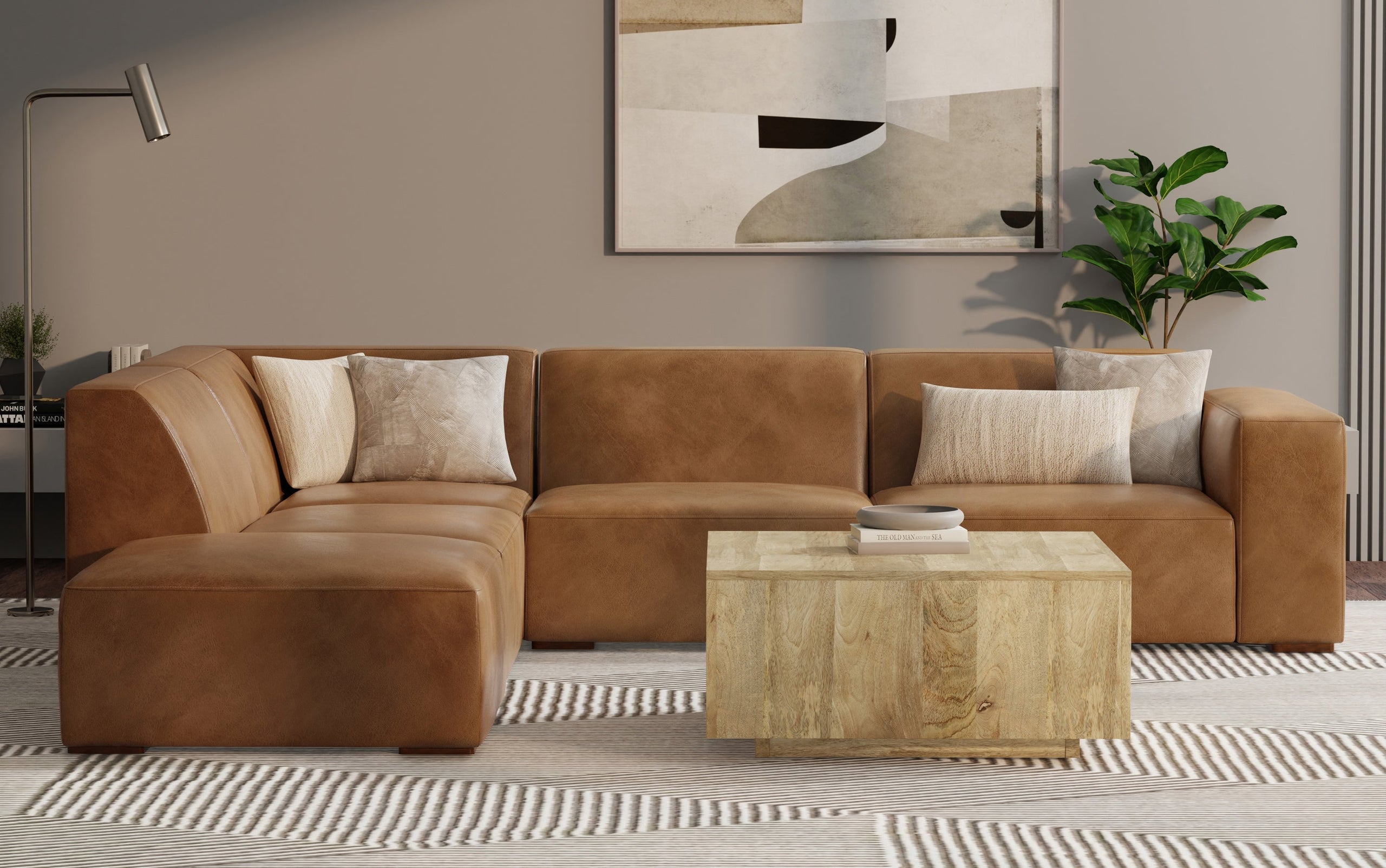 Caramel Brown Genuine Leather | Rex Left Sectional and Ottoman in Genuine Leather