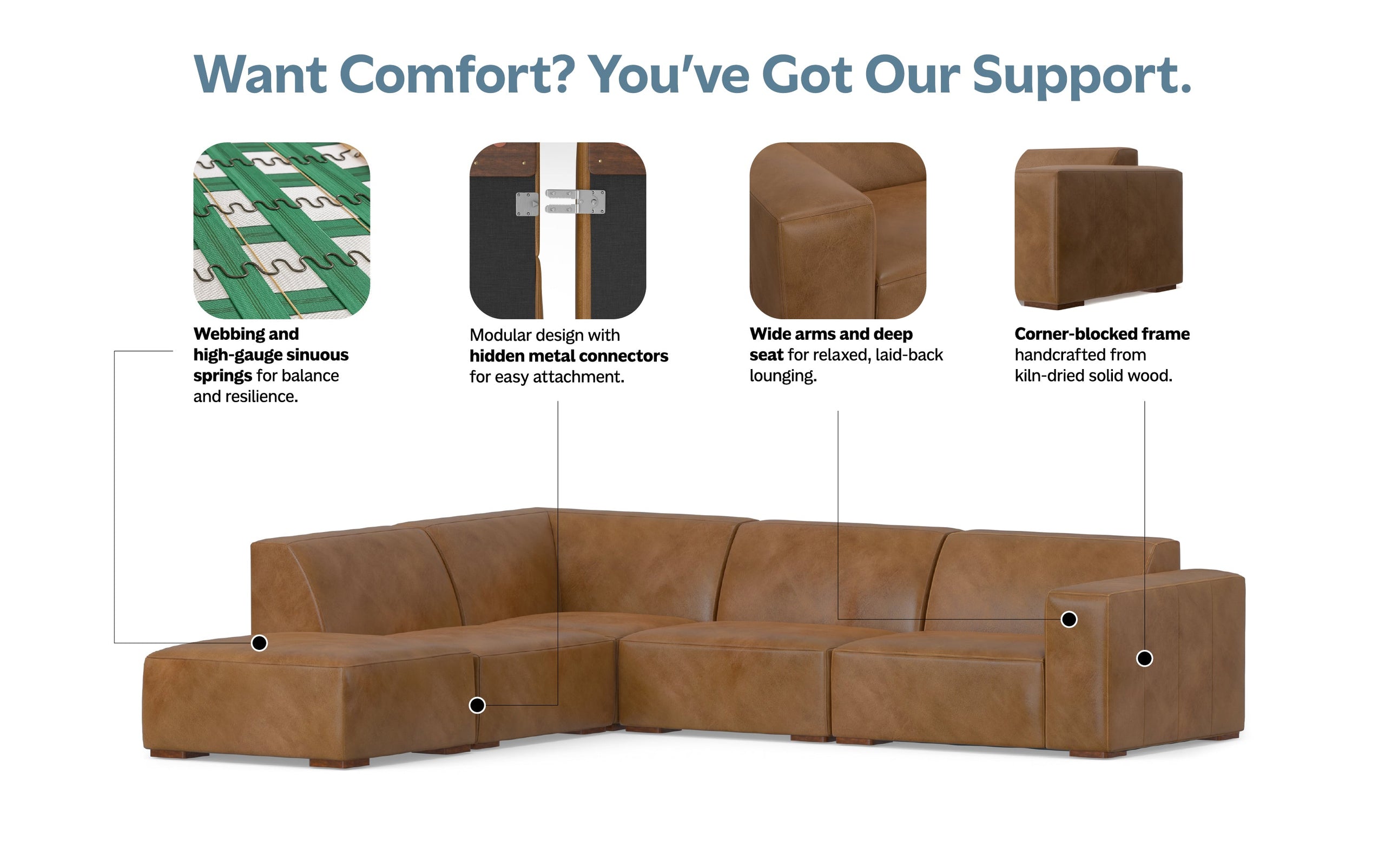 Caramel Brown Genuine Leather | Rex Left Sectional and Ottoman in Genuine Leather