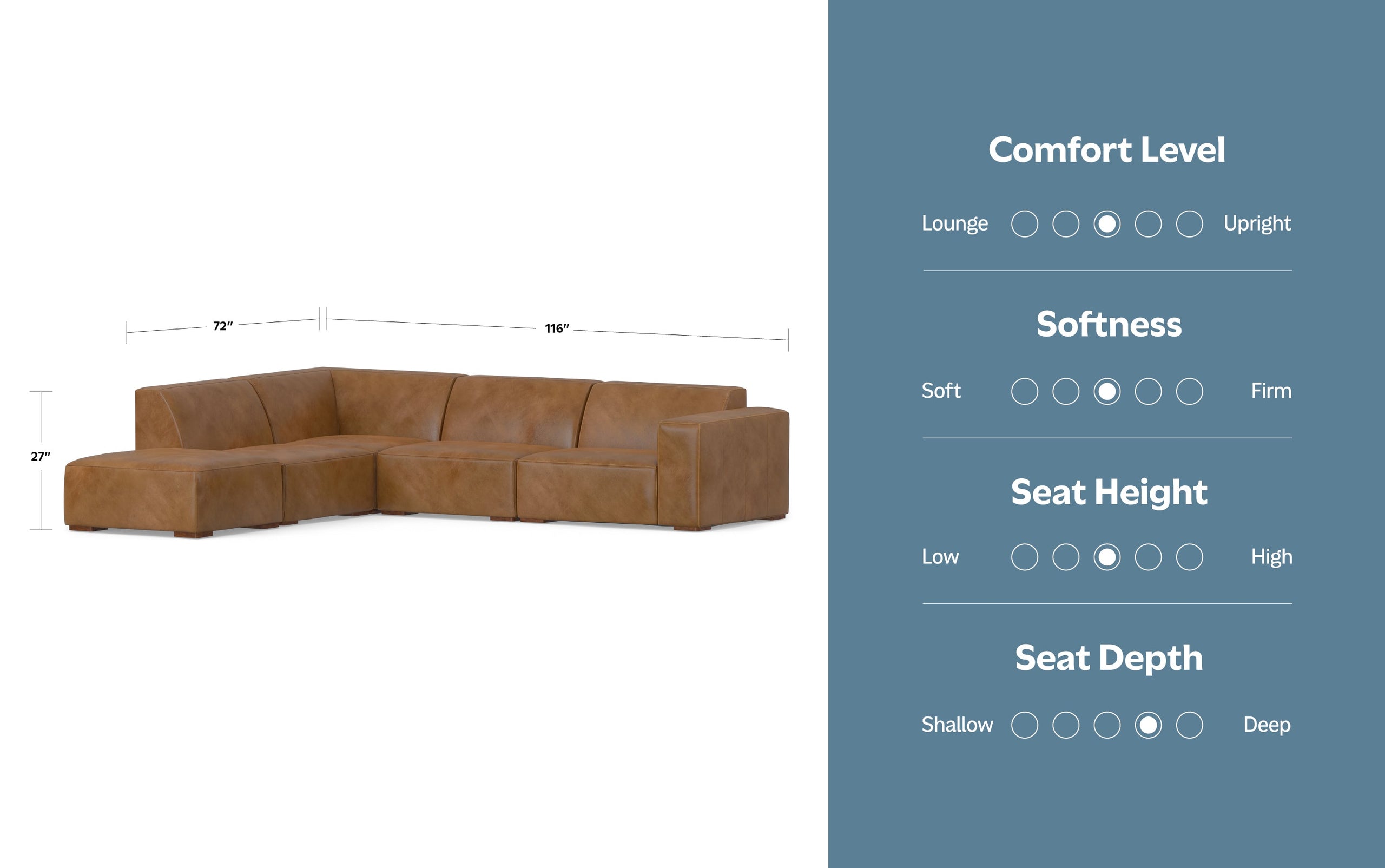 Caramel Brown Genuine Leather | Rex Left Sectional and Ottoman in Genuine Leather