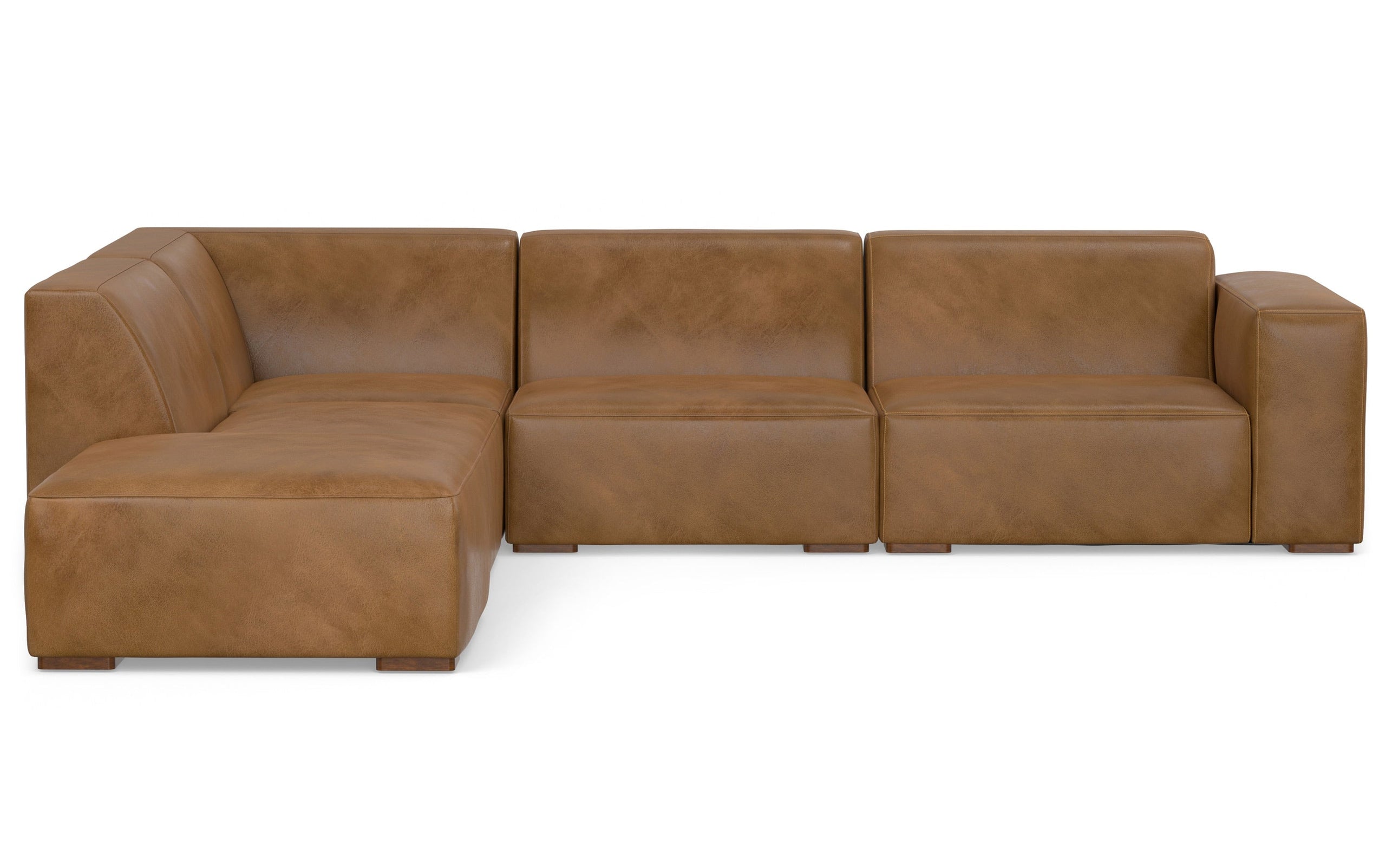 Caramel Brown Genuine Leather | Rex Left Sectional and Ottoman in Genuine Leather